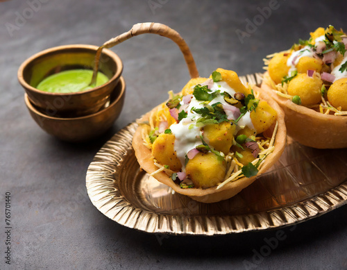 aloo tokri chaat or cheese potato basket stuffed chat or katori chat photo