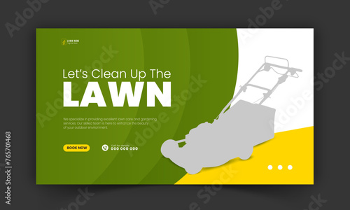 Lawn care and farming service YouTube thumbnail design, modern lawn mower garden, or landscaping service with abstract green and yellow color shapes for social media cover, post, web banner template