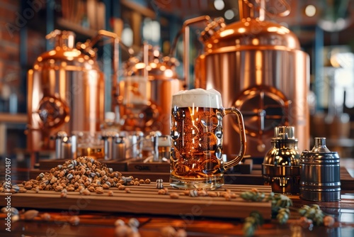 Traditional Craft Brewery with Shiny Copper Kettles and Fresh Pint of Beer Amidst Hops on Wooden Table