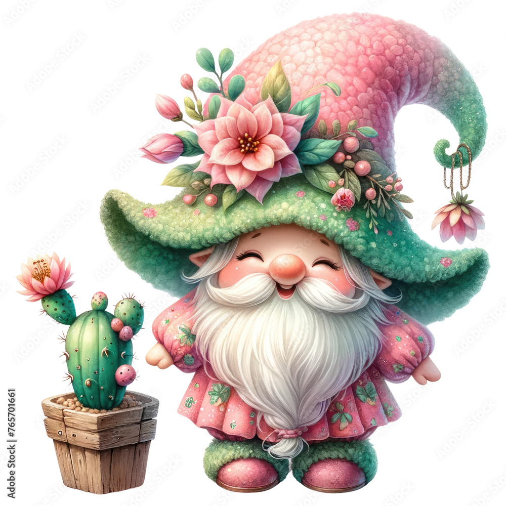 Cactus Gnome Illustration with Pink and Green Hat