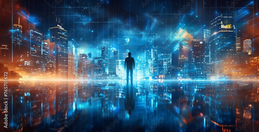 A man stands in the middle of a cityscape with a bright blue sky above him A man stands in the middle of a cityscape with a bright blue sky above him