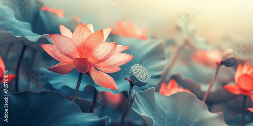 A beautiful flower is surrounded by water and other flowers
