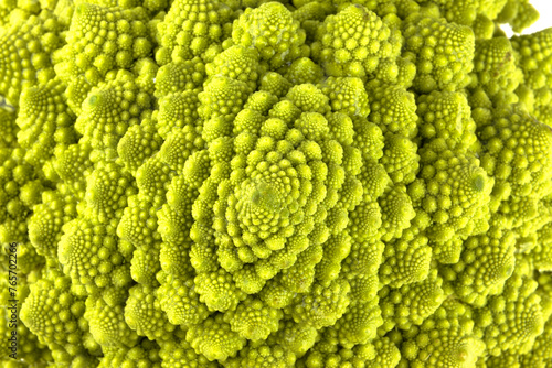 details of a biological example of Fibonacci spirals and fractals in nature using a Romanesco cauliflower