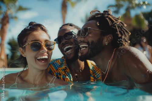 Joyful Multiethnic Friends Sharing a Laugh in a Sunny Pool Party © KirKam