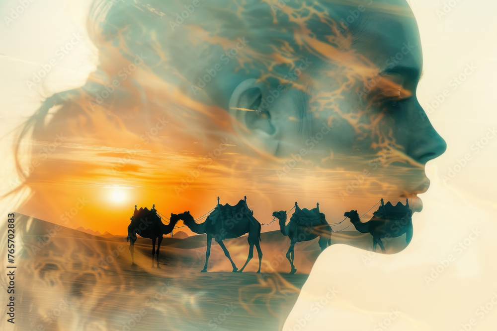 Surreal Desert Sunset Merged with Woman's Silhouette in a Double Exposure