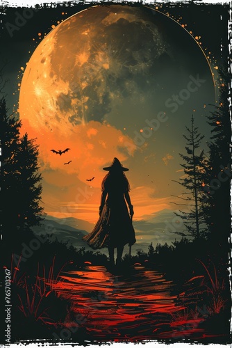A woman is walking through a forest at night with a full moon in the background