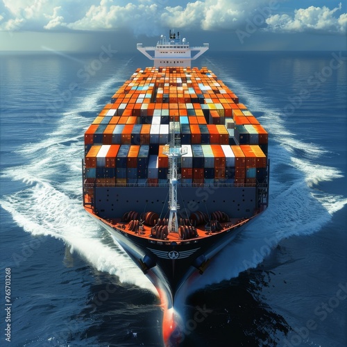 A large cargo ship is sailing through the ocean with a bright orange flame comin photo