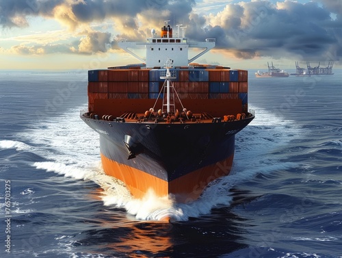 A large cargo ship is sailing through the ocean with a bright orange flame comin photo