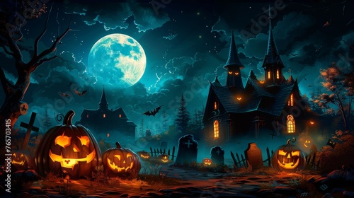 A Halloween scene with a large moon in the background