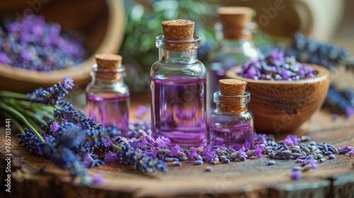 Lavender Flowers in Bottle on Wooden Table