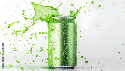 beer metal green can with beer splash isolated on white background