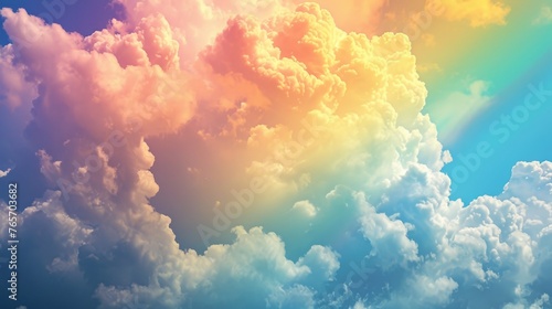 Blue sky background with tiny clouds and rainbow