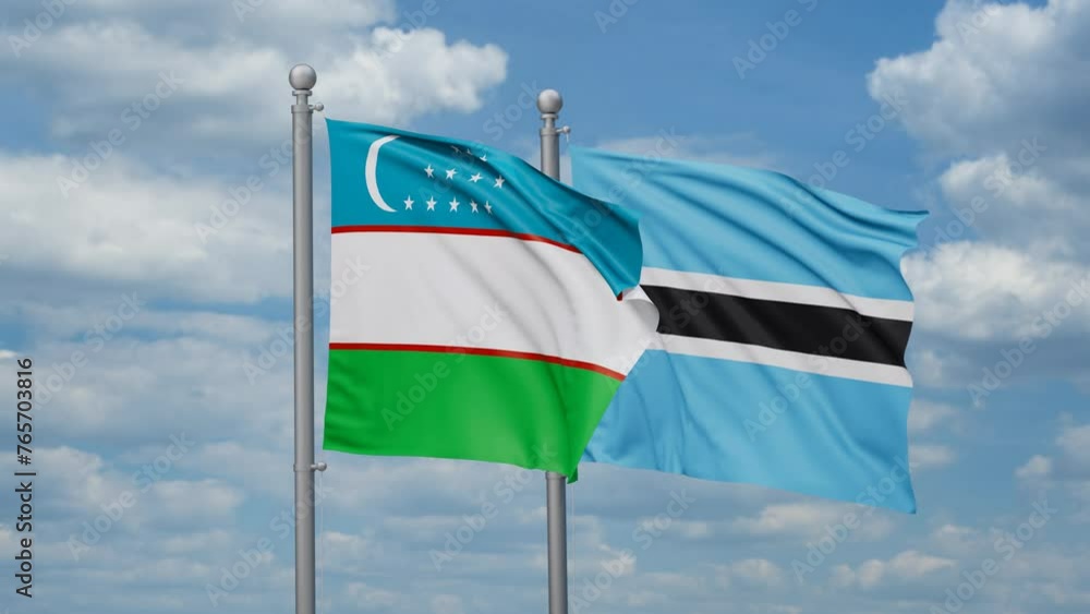 Botswana and Uzbekistan two flags waving together, looped video, two country relations concept Botswana and Uzbekistan two flags waving together, looped video, two country relations concept