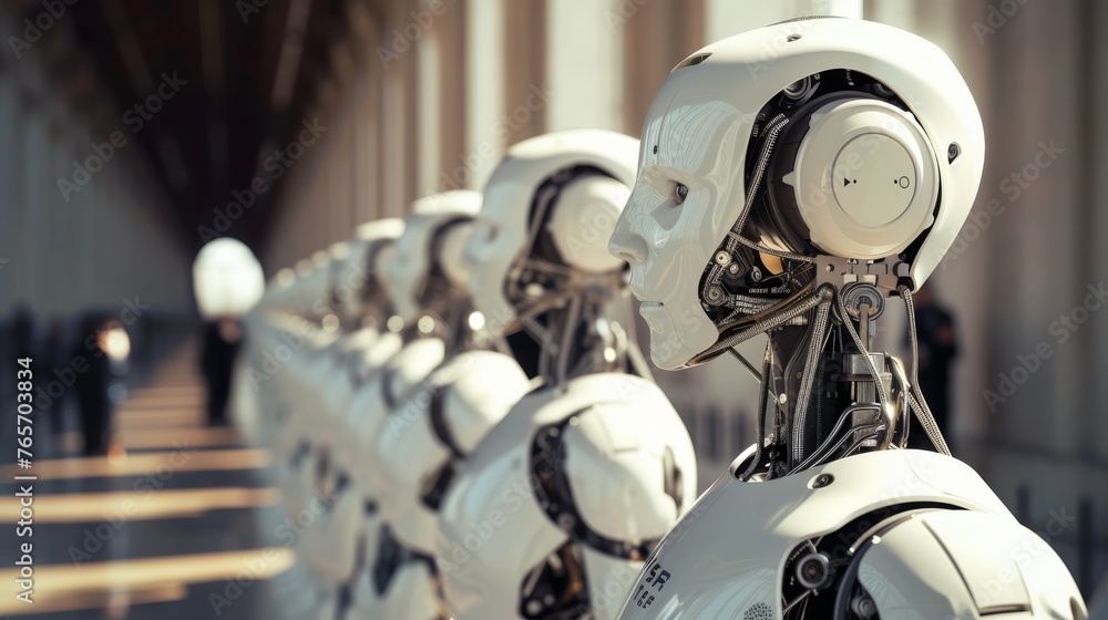 Fototapeta premium Row of robot heads in front of the main entrance to the building