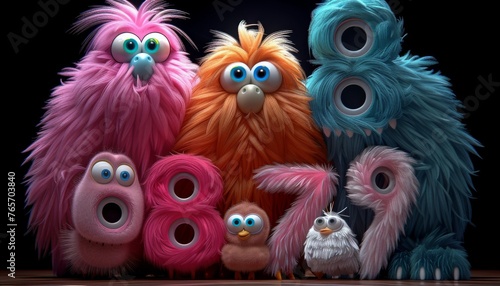 A group of fuzzy monsters with numbers on their backs