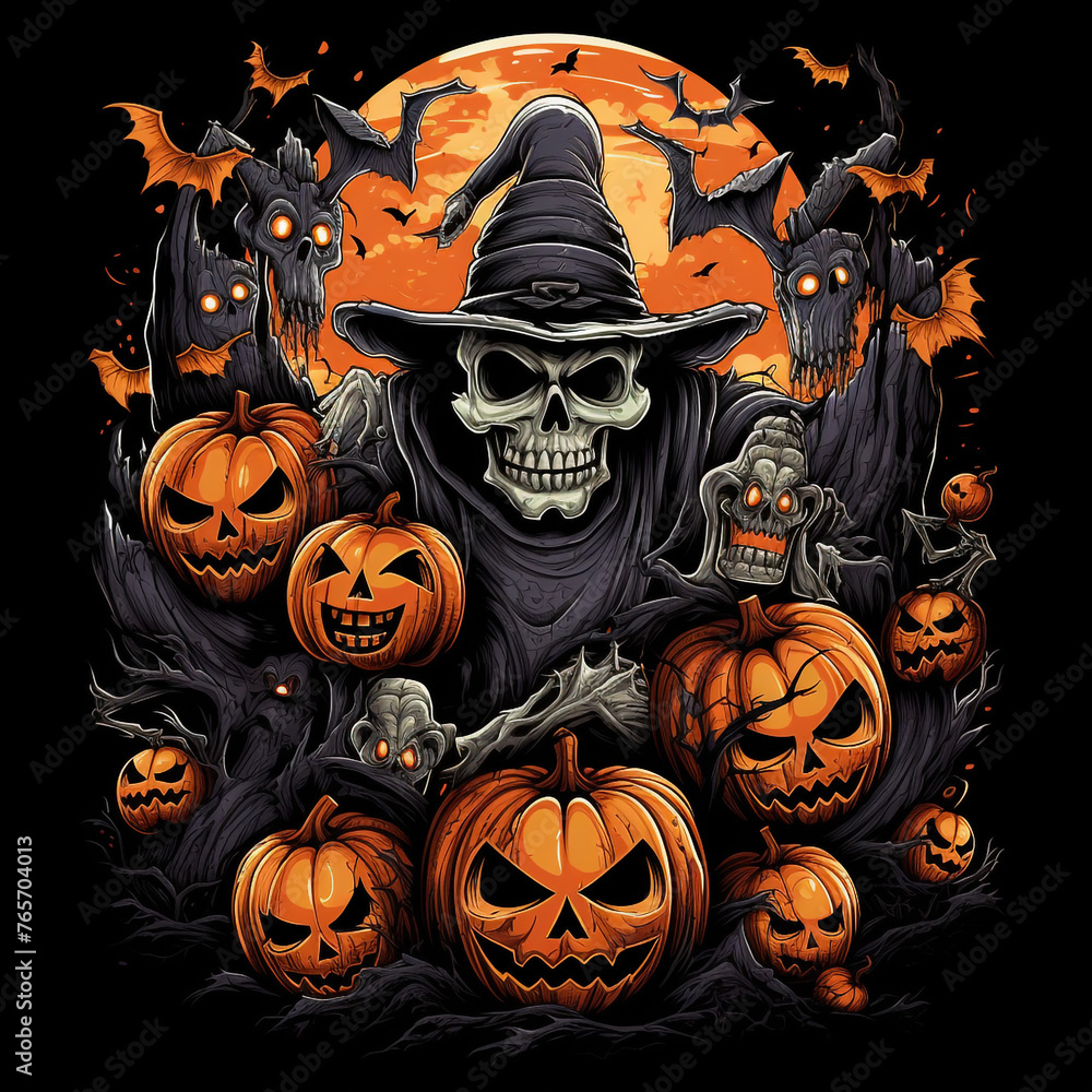 cool halloween design, manga style, bats, pumpkins, skeletons, zombies, black background creative with Generative AI cool halloween design, manga style, bats, pumpkins, skeletons, zombies, black background creative with Generative AI