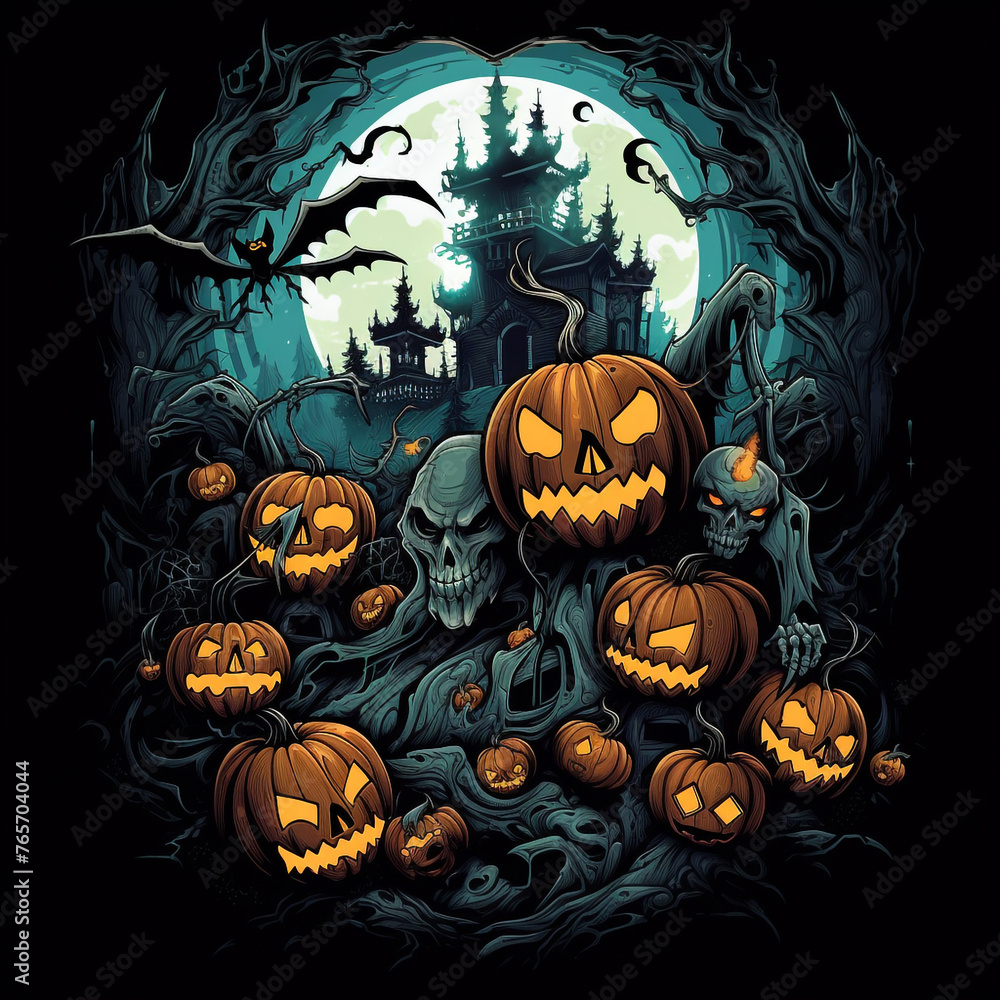cool halloween design, manga style, bats, pumpkins, skeletons, zombies, black background creative with Generative AI cool halloween design, manga style, bats, pumpkins, skeletons, zombies, black background creative with Generative AI