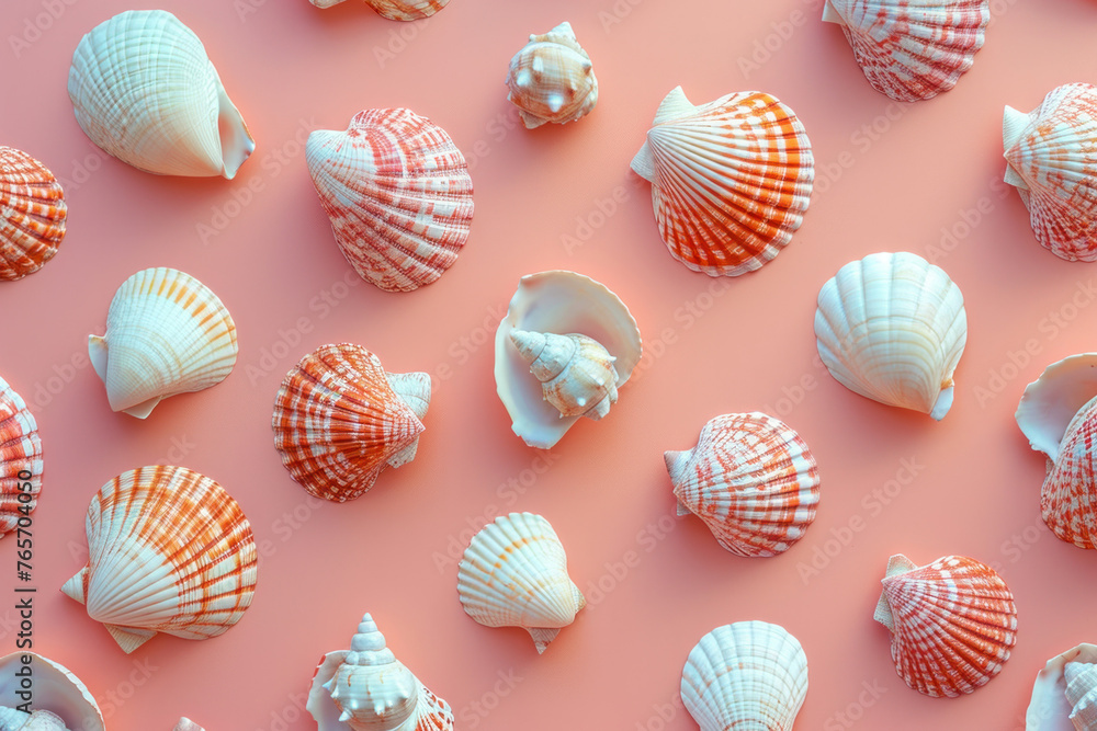 Collection of assorted seashells on vibrant pink background with white and red stripes, marine theme concept for design inspiration Collection of assorted seashells on vibrant pink background with white and red stripes, marine theme concept for design inspiration