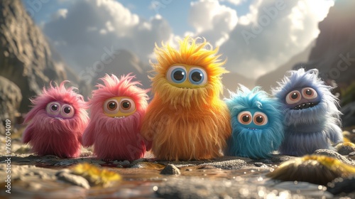 Four fuzzy animals with different colors are sitting on a snowy surface © hakule