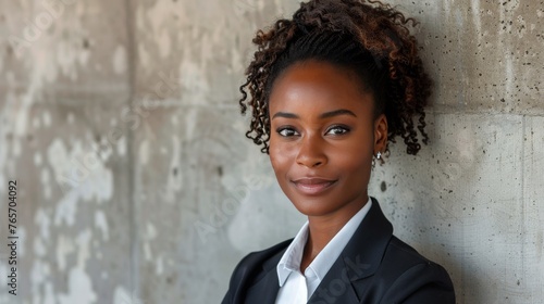 Professional Woman in Business Suit Leaning Against Wall