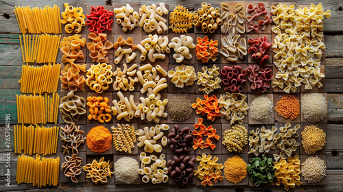 Assorted Pasta Shapes and Colors on Wooden Background