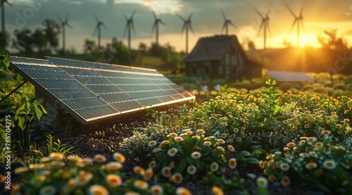 A solar panel is in a field next to a house