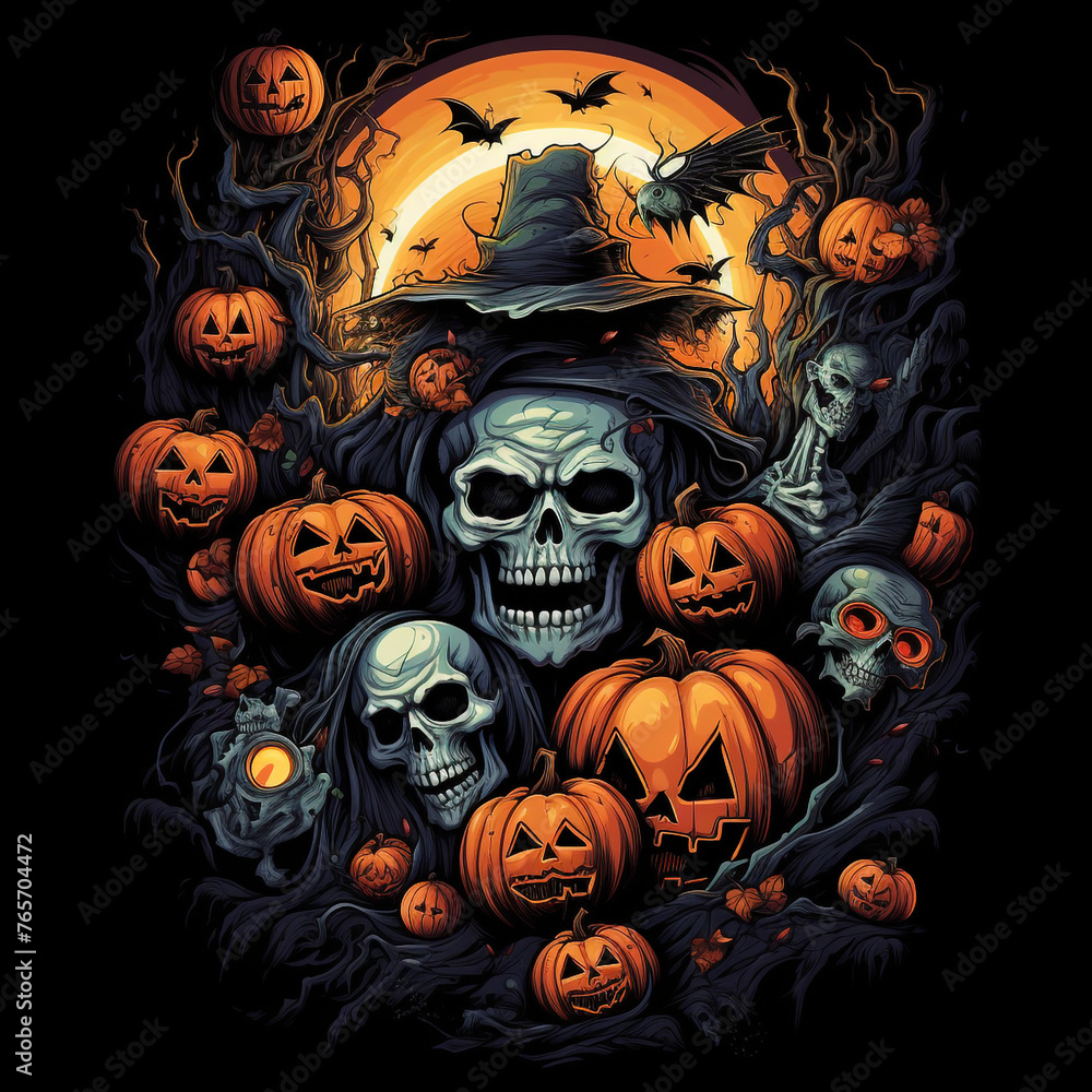 cool halloween design, manga style, bats, pumpkins, skeletons, zombies, black background creative with Generative AI cool halloween design, manga style, bats, pumpkins, skeletons, zombies, black background creative with Generative AI