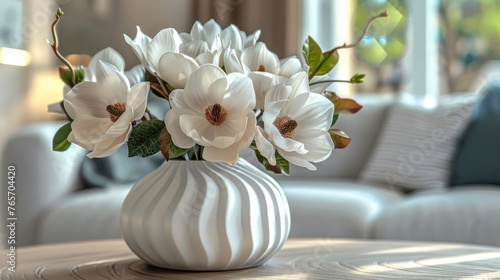 White Vase With Flowers on Table © olegganko