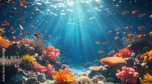 A colorful coral reef with fish swimming around