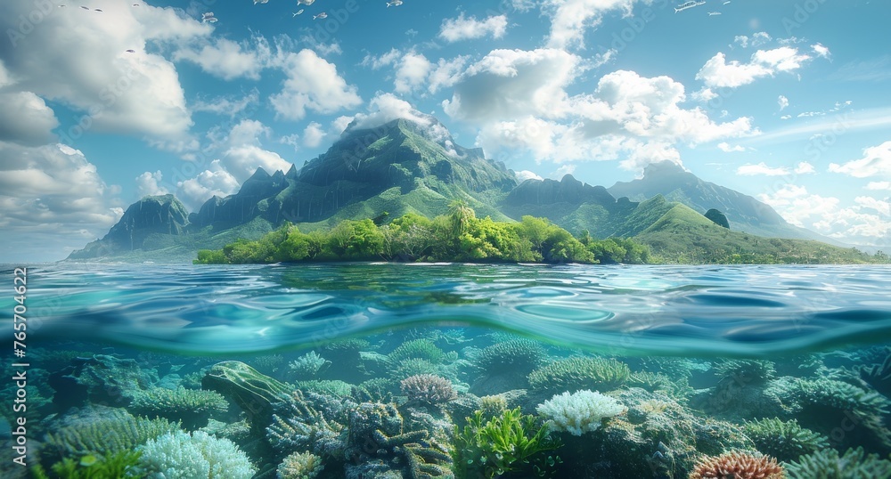 A beautiful underwater scene with a mountain in the background