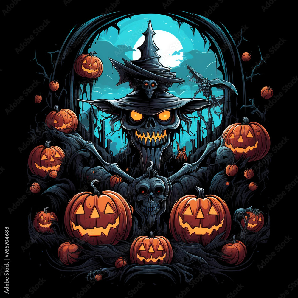 Fototapeta premium cool halloween design, manga style, bats, pumpkins, skeletons, zombies, black background creative with Generative AI