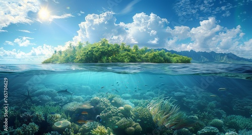 A beautiful underwater scene with a mountain in the background © hakule