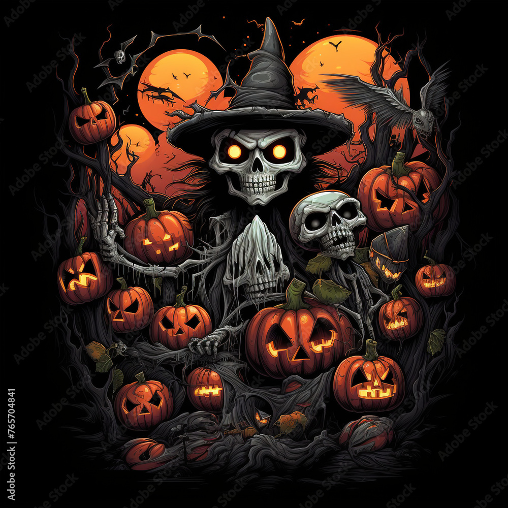 cool halloween design, manga style, bats, pumpkins, skeletons, zombies, black background creative with Generative AI