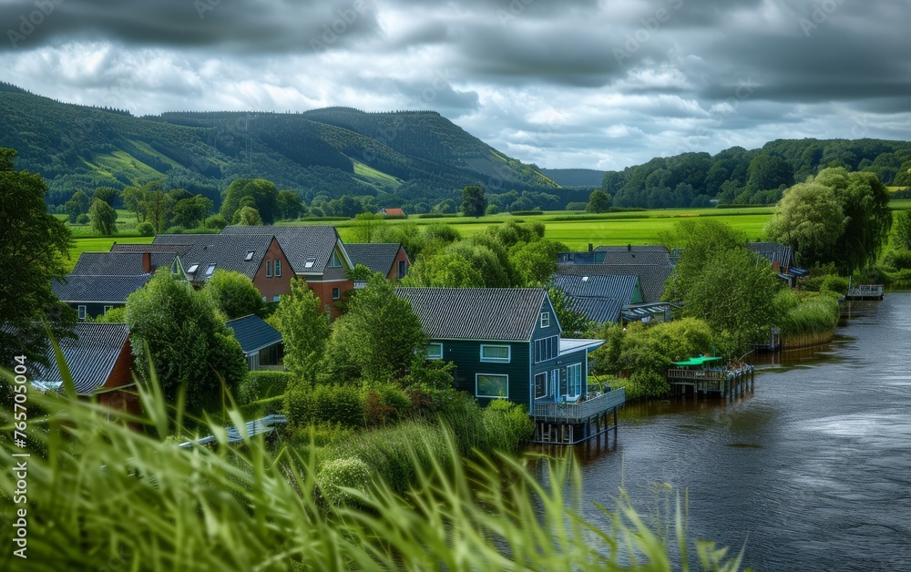 Fototapeta premium A small town with houses and a river