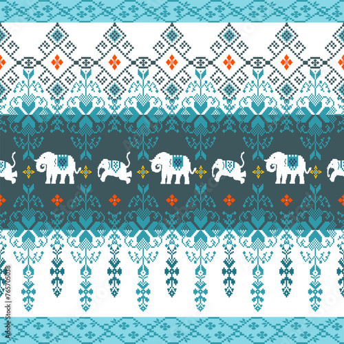 Pattern of baby elephant and mother elephant on traditional Thai cloth. Thai ethnic sarong Cross-stitch pattern in Pixel Seamless Vector format using geometric shapes arranged into various shapes such