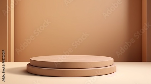 Beige brown podium for pedestal product display stand and presentation background with smooth light. 3D rendering.