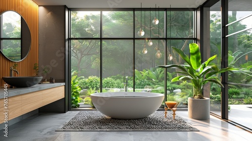 Modern Bathroom With Large Tub and Window