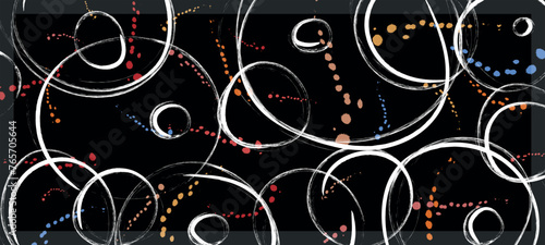 Rectangle Abstract pattern, White Scribble and colorful splash pattern on black background. groovy and artsy background or hijab scarf and foulard pattern.Hijab scarf, foulard, shawl or carpet pattern
