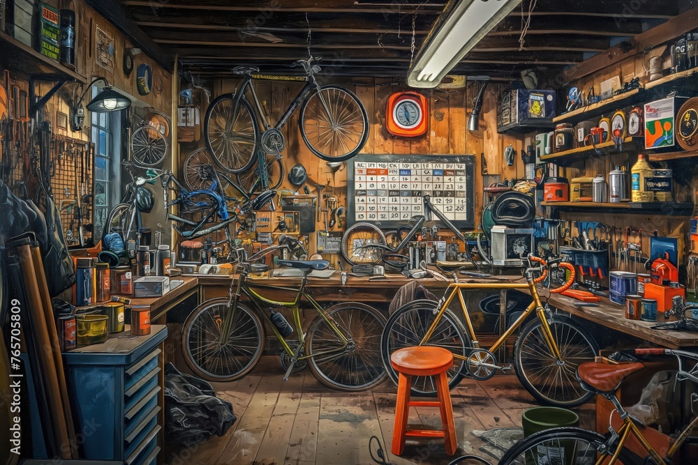 A cozy vintage bicycle repair shop filled with tools, spare parts, and bikes awaiting maintenance.