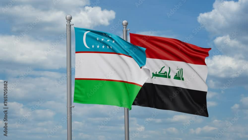 Iraq and Uzbekistan two flags waving together on blue sky, looped video Iraq and Uzbekistan two flags waving together on blue sky, looped video