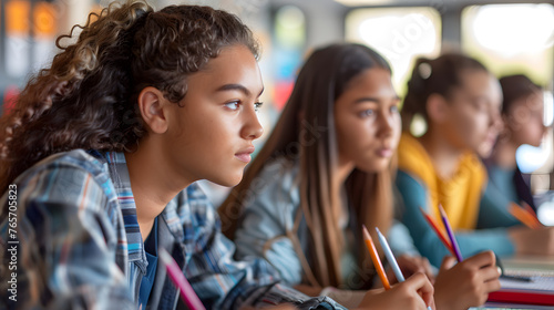 A group of students using school supplies in a classroom, with details of the students' expressions, the different supplies being used, and the classroom environment.