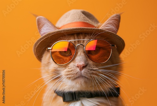 A cat wearing a hat and glasses is staring at the camera