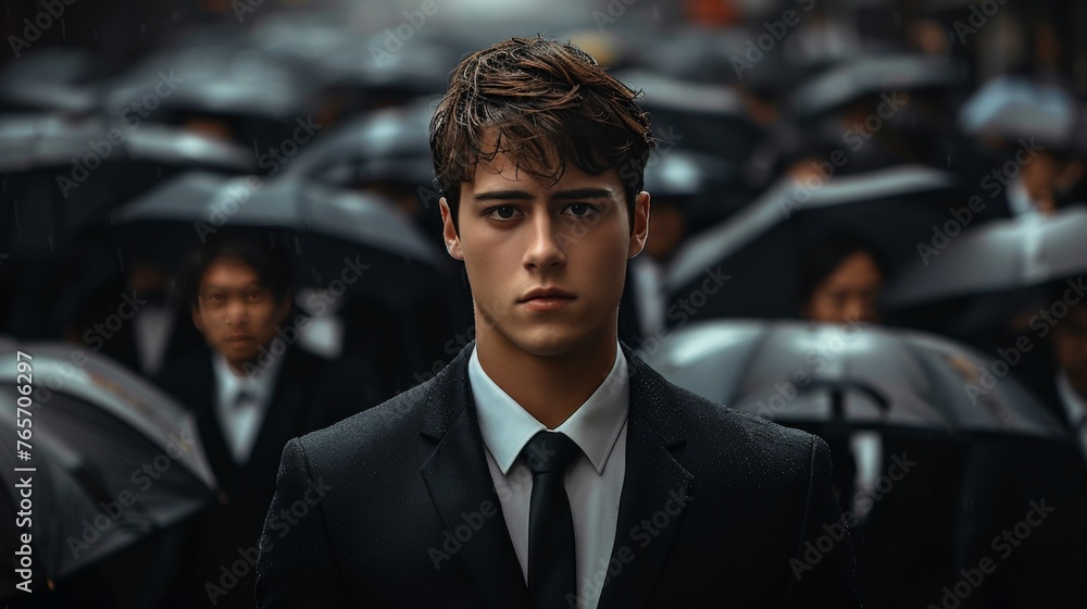 A man in a black suit stands in front of a crowd of people A man in a black suit stands in front of a crowd of people