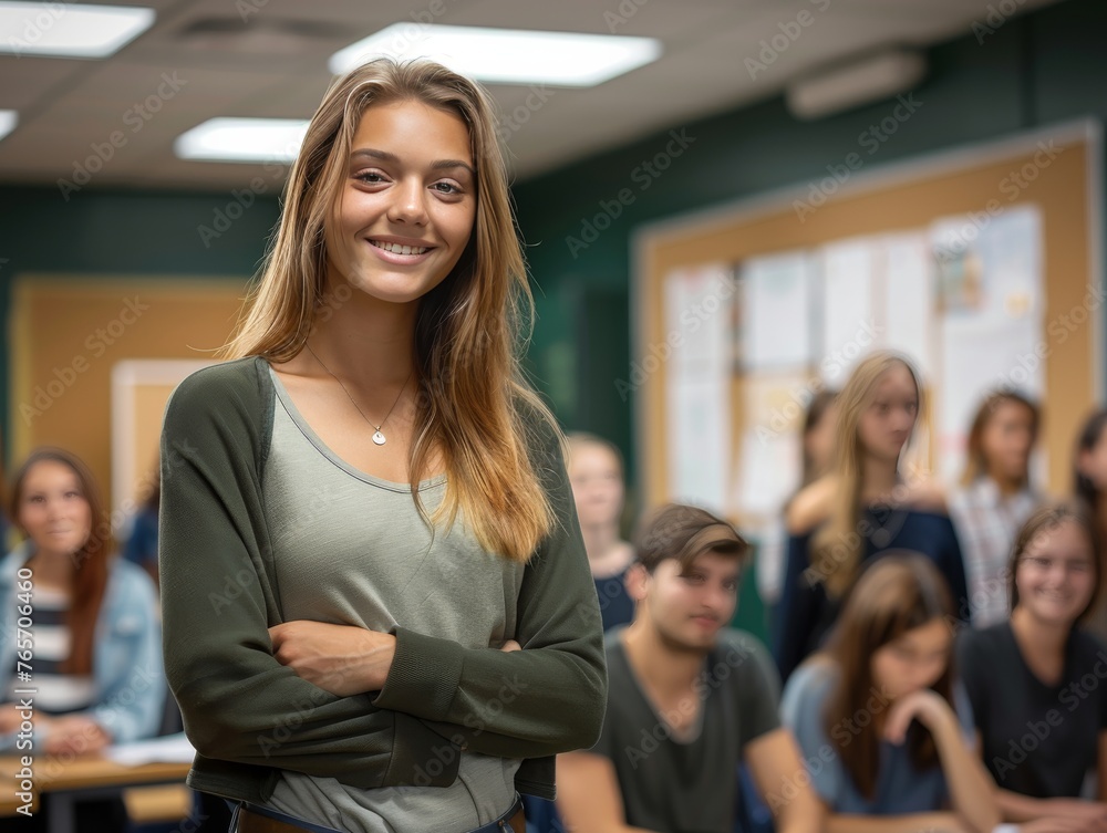 A girl is smiling and standing in front of a classroom full of people