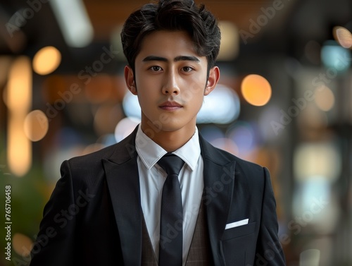 A man in a suit and tie stands in front of a building