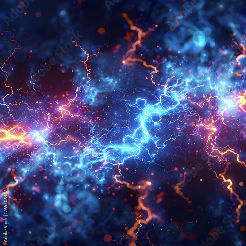 A striking blue and orange lightning bolt cuts through the dark sky, resembling a celestial event in a purple, astronomical objectfilled atmosphere