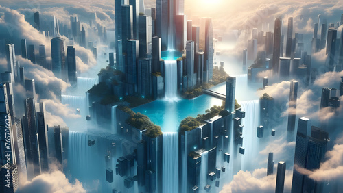 Ethereal Urban Symphony  Massive Skyscrapers Amidst Clear Blue Waters and Setting Sun in Futuristic Utopia.
