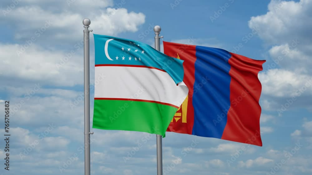 Mongolia and Uzbekistan two flags waving together, looped video, two country cooperation concept Mongolia and Uzbekistan two flags waving together, looped video, two country cooperation concept