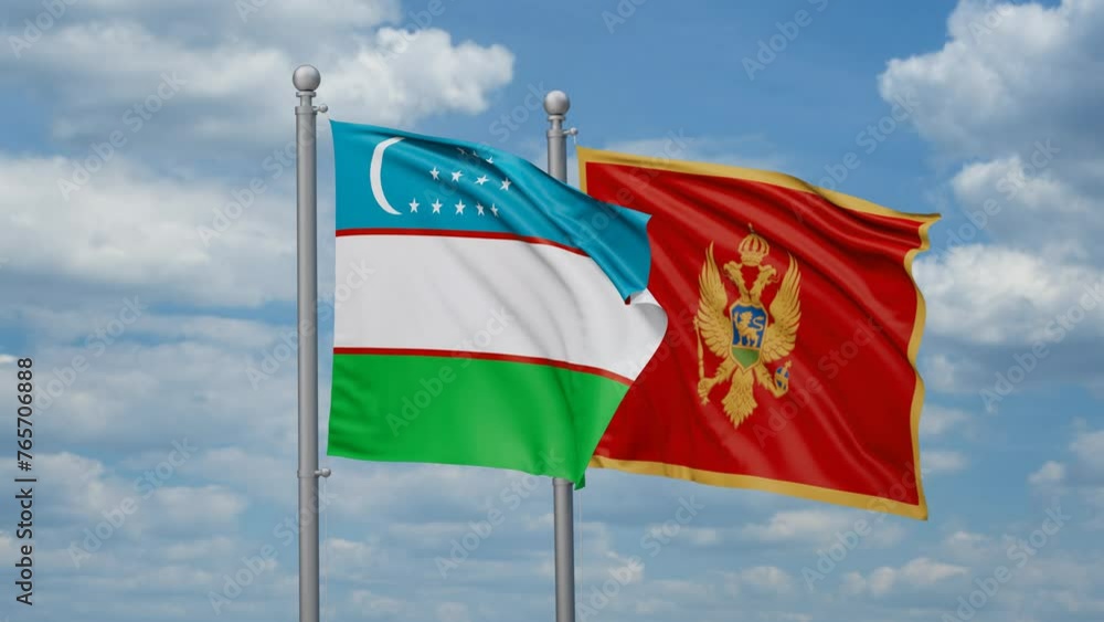Montenegro and Uzbekistan two flags waving together, looped video, two country cooperation concept Montenegro and Uzbekistan two flags waving together, looped video, two country cooperation concept