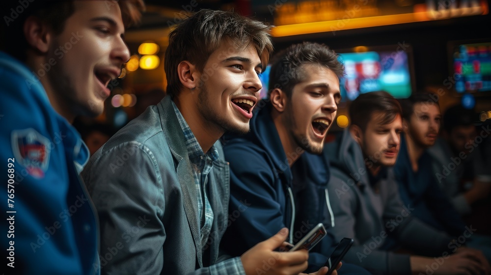 Fototapeta premium A group of men are laughing and one of them is holding a cell phone